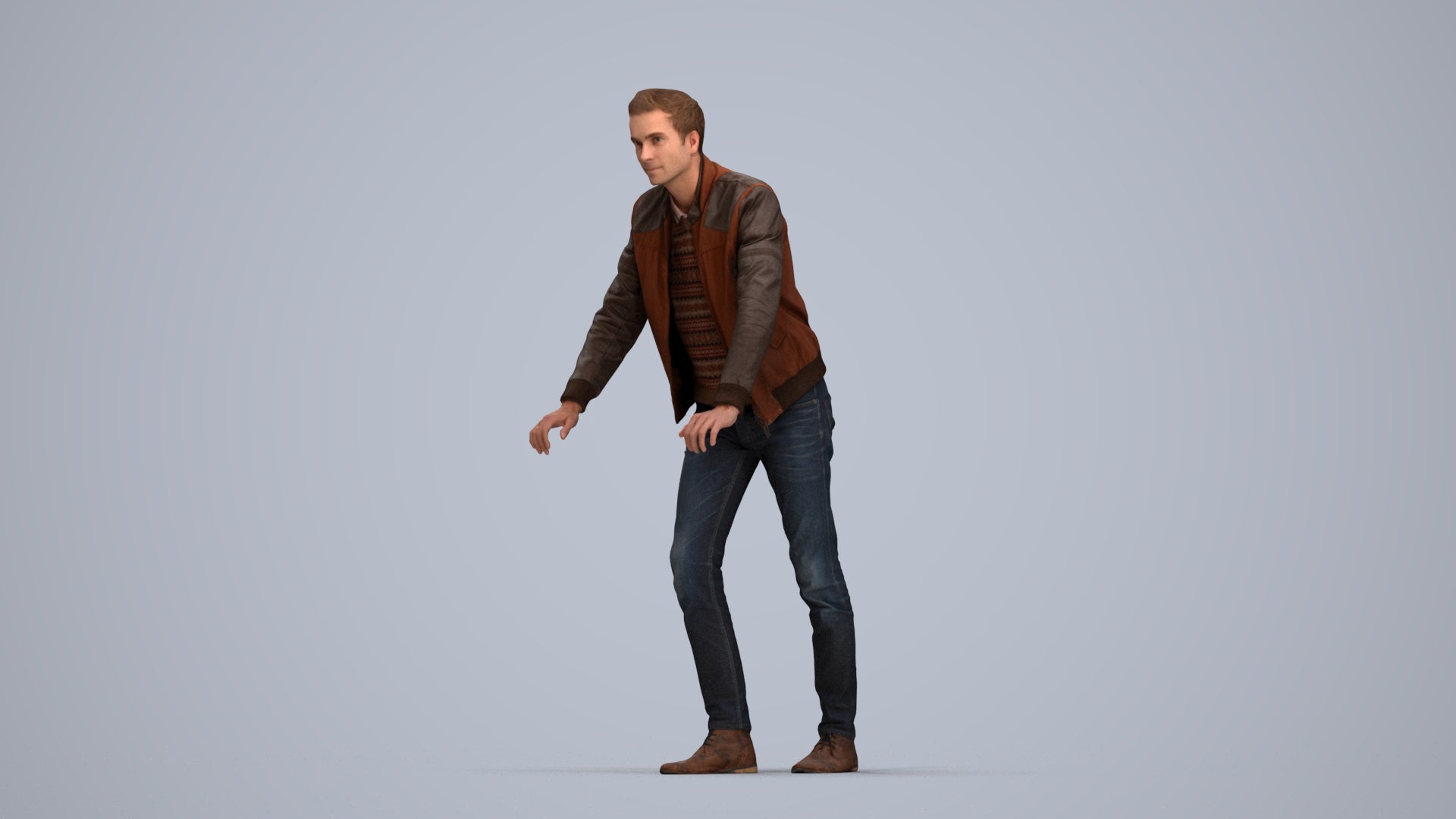 realistic 3D man casual walking, scanned archviz people for Blender and 3ds Max, top-down view render