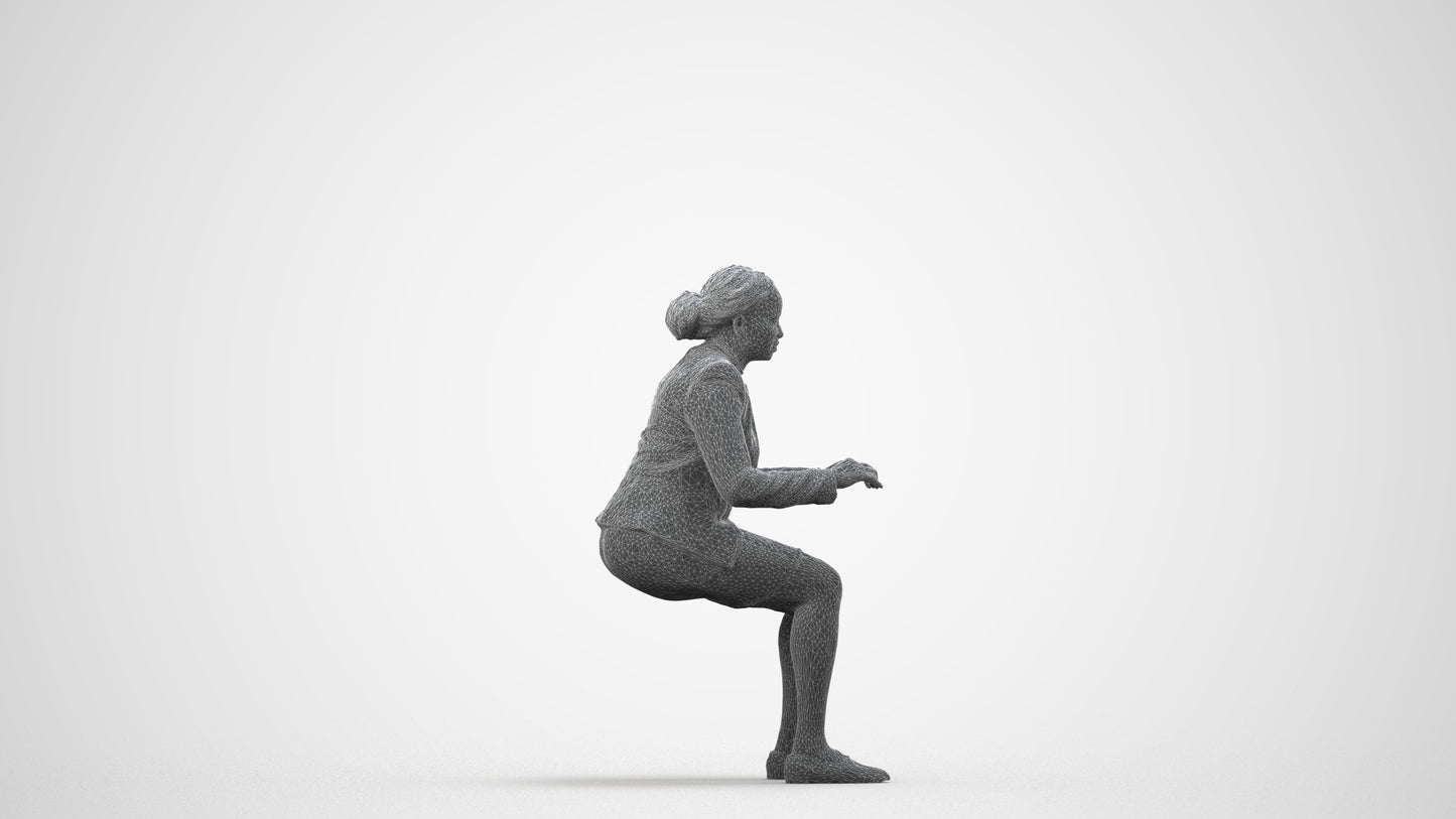 3D people model woman business sitting, scanned human for 3ds Max rendering, wireframe side view