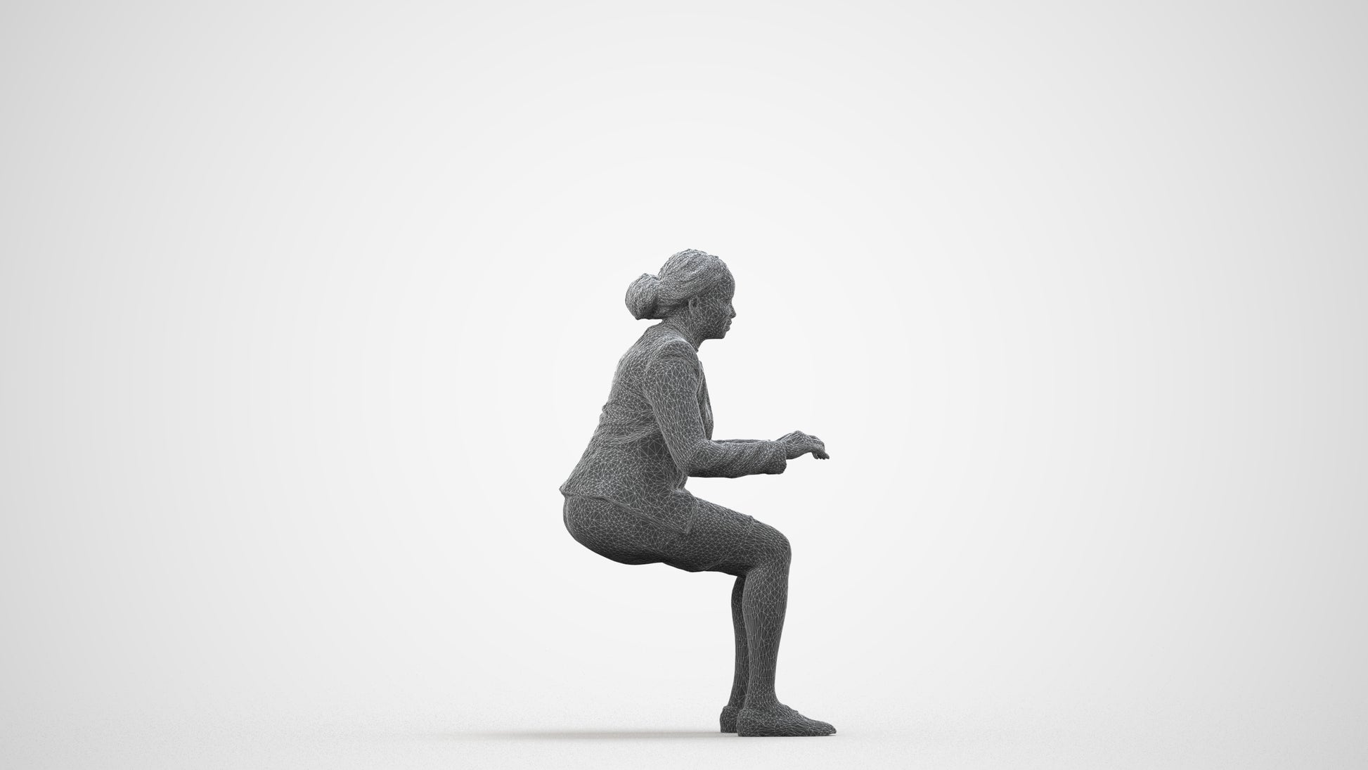 3D people model woman business sitting, scanned human for 3ds Max rendering, wireframe side view