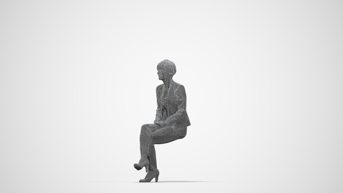 3D human model senior woman business sitting, photogrammetry scanned person for archviz, wireframe back view