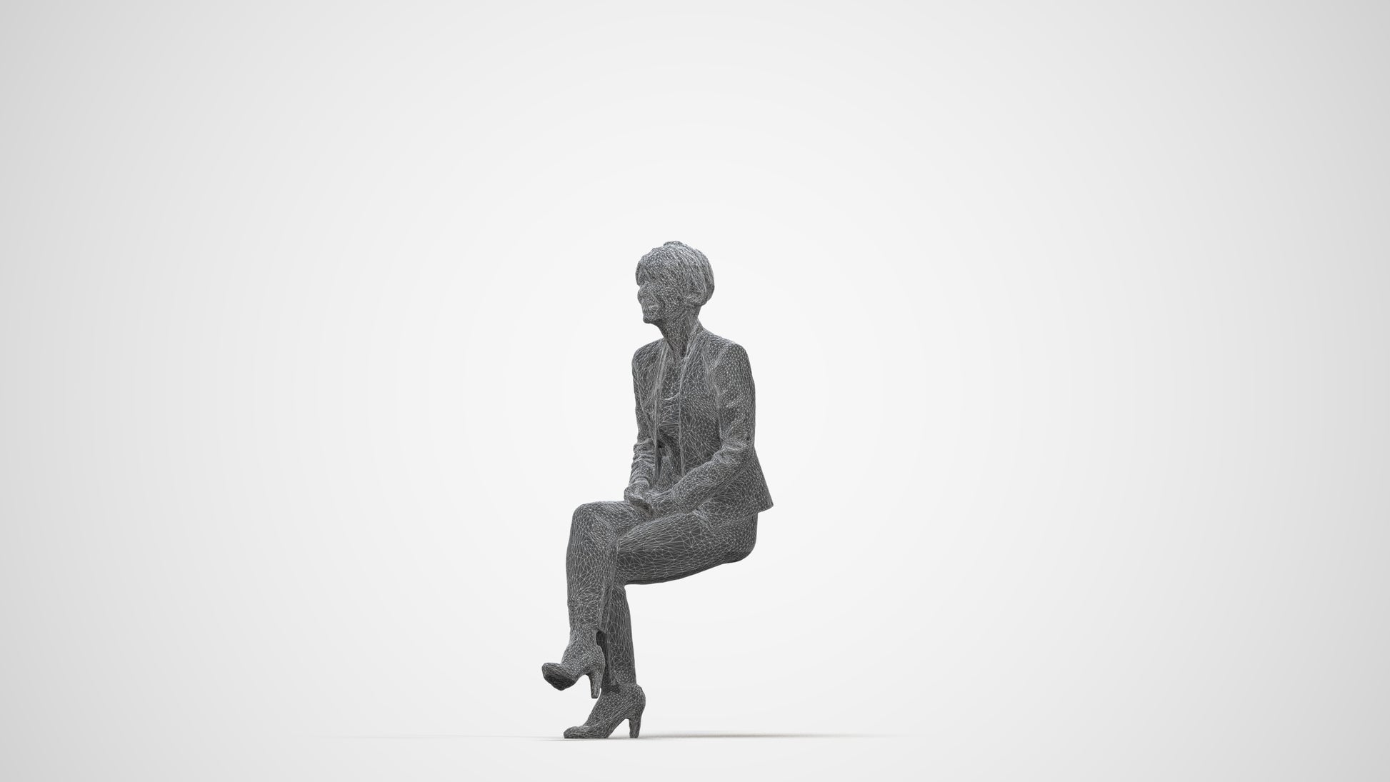 3D human model senior woman business sitting, photogrammetry scanned person for archviz, wireframe back view