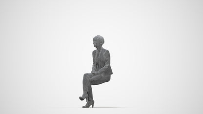 3D human model senior woman business sitting, photogrammetry scanned person for archviz, wireframe back view