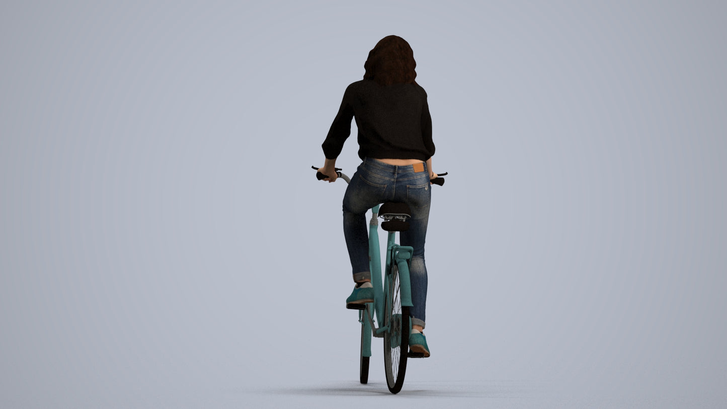 realistic 3D woman casual cycling, scanned archviz people for Blender and 3ds Max, front view render