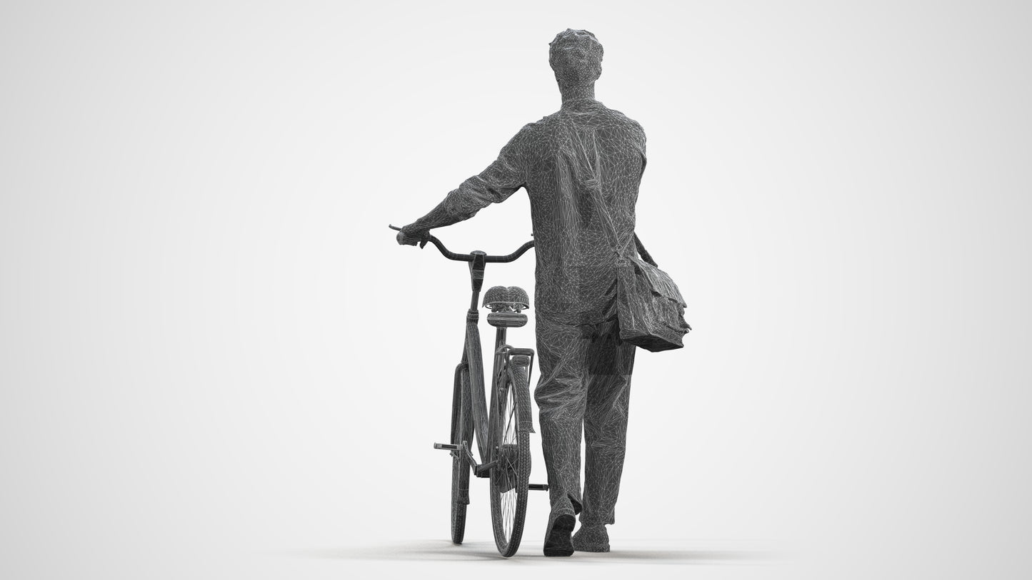 scanned 3D man casual cycling, photogrammetry people for Enscape and V-Ray, wireframe front view
