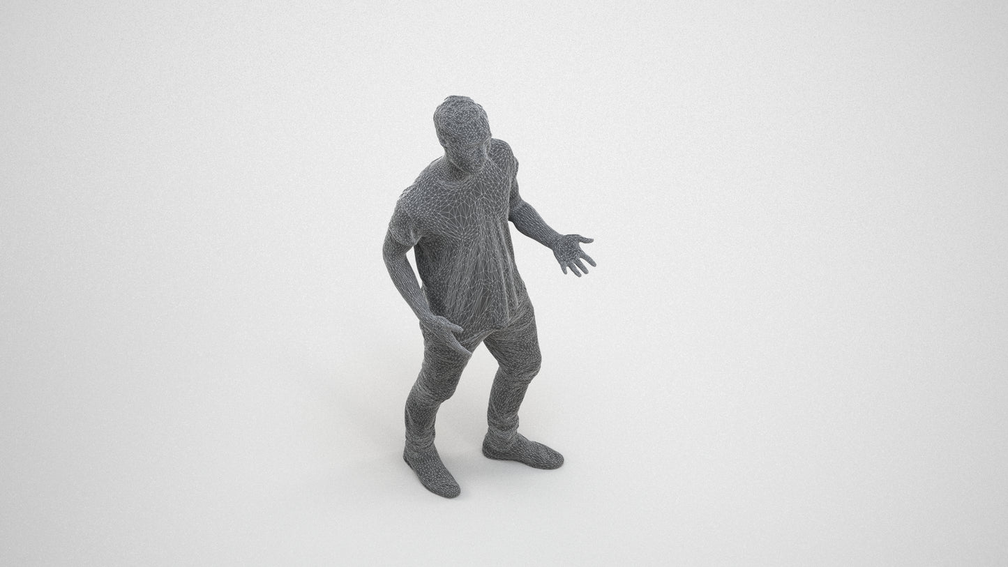 realistic 3D human man casual standing, archviz people FBX OBJ for Blender, wireframe three-quarter view