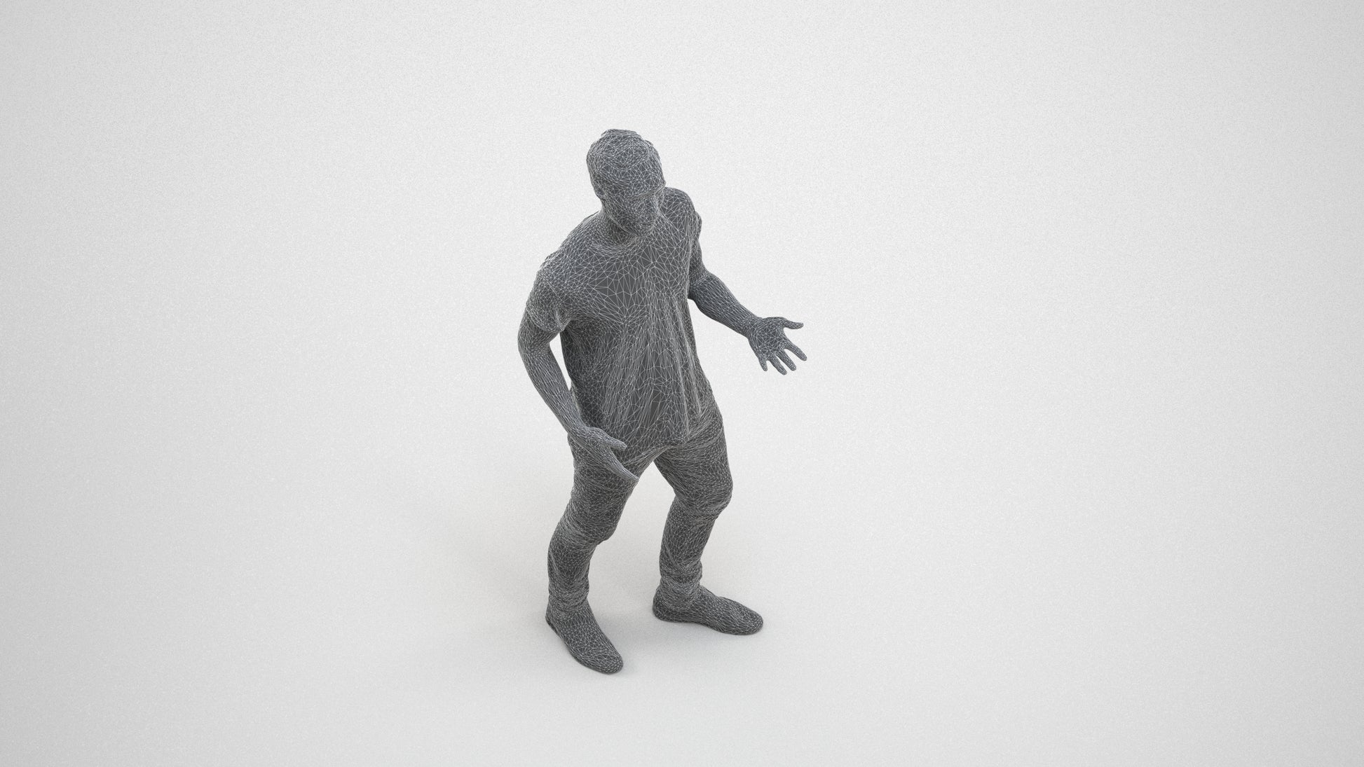 realistic 3D human man casual standing, archviz people FBX OBJ for Blender, wireframe three-quarter view