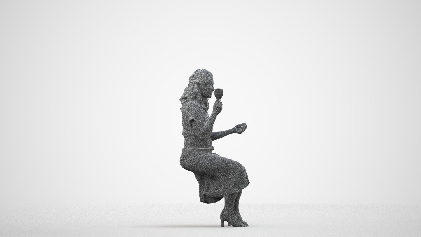3D human model woman casual sitting, photogrammetry scanned person for archviz, wireframe side view