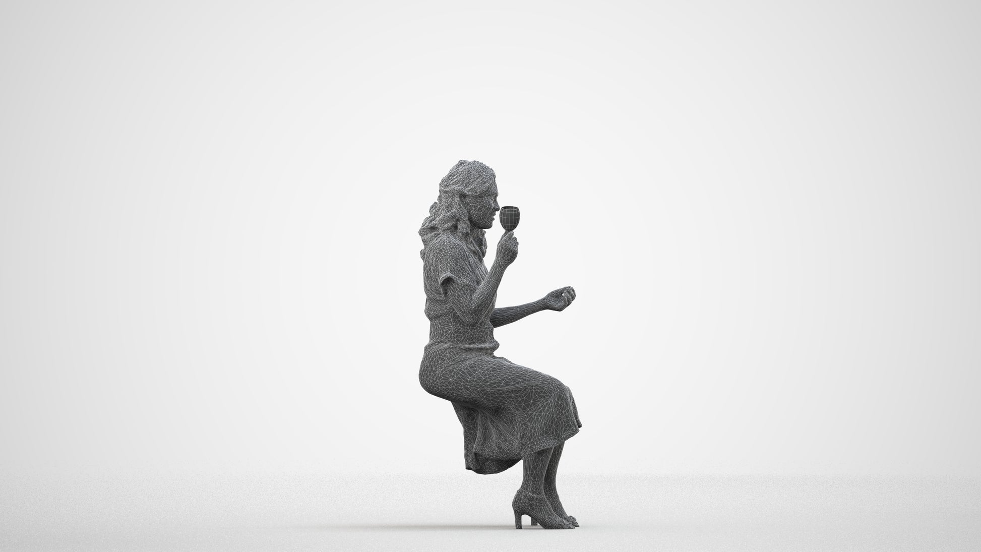 3D human model woman casual sitting, photogrammetry scanned person for archviz, wireframe side view