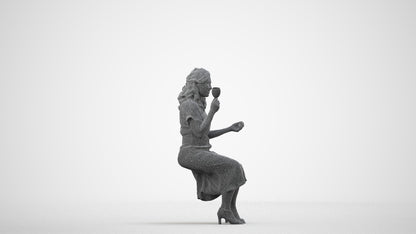 3D human model woman casual sitting, photogrammetry scanned person for archviz, wireframe side view