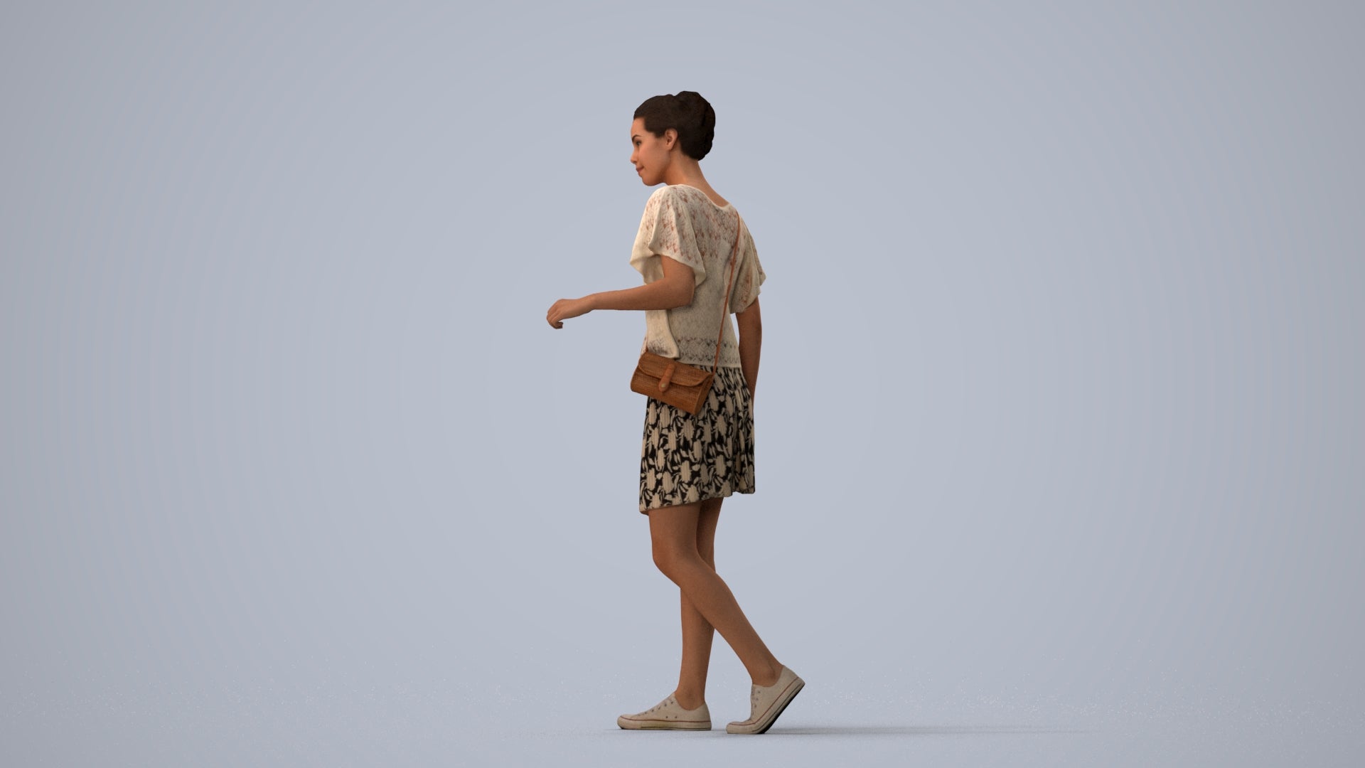 photogrammetry 3D woman casual walking, realistic human model archviz FBX, three-quarter view render