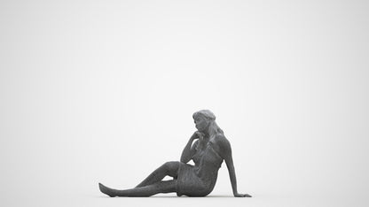3D human model woman pool, photogrammetry scanned person for archviz, three-quarter front view render