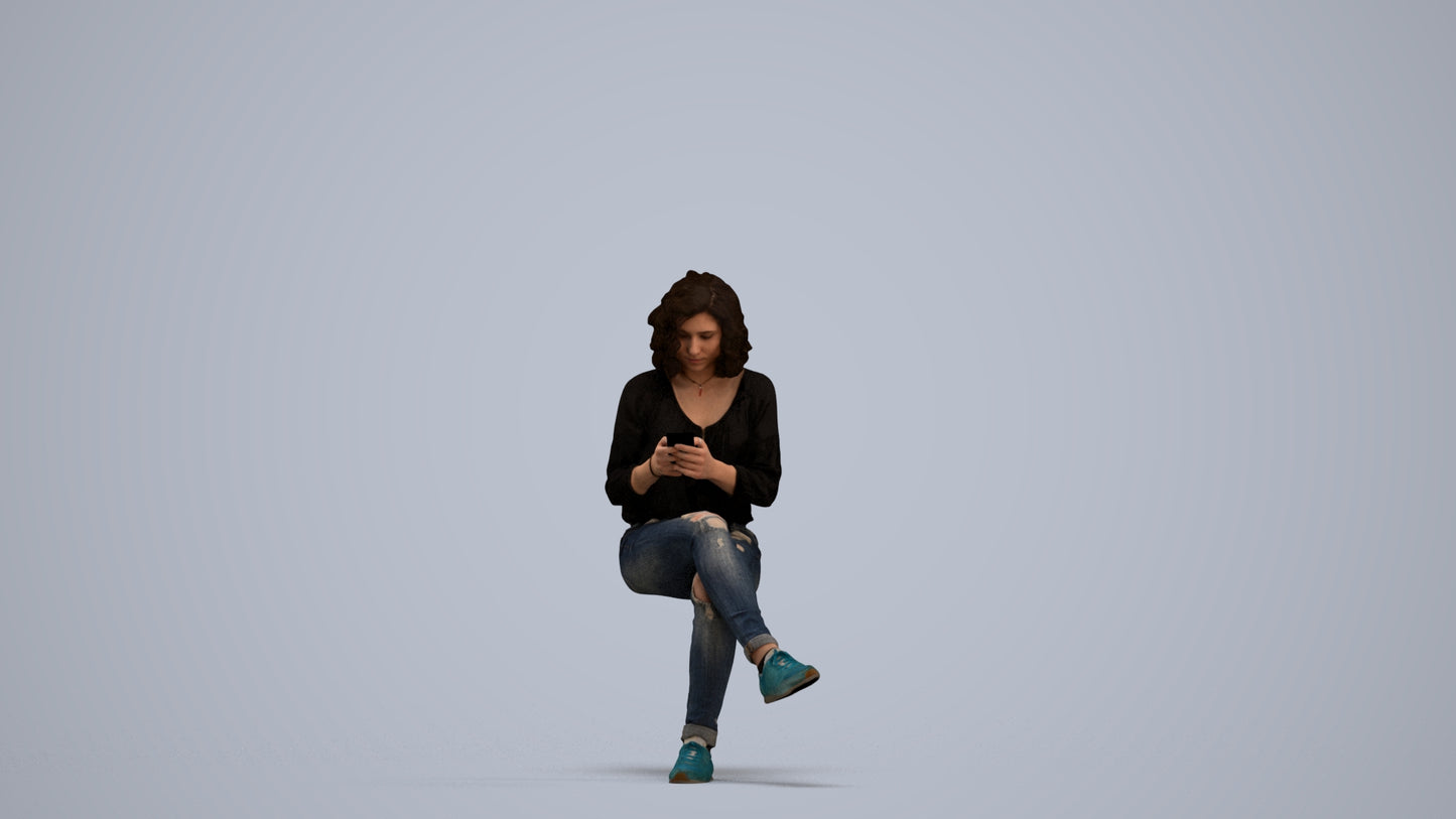 3D human model woman casual sitting, photogrammetry scanned person for archviz, standing pose render