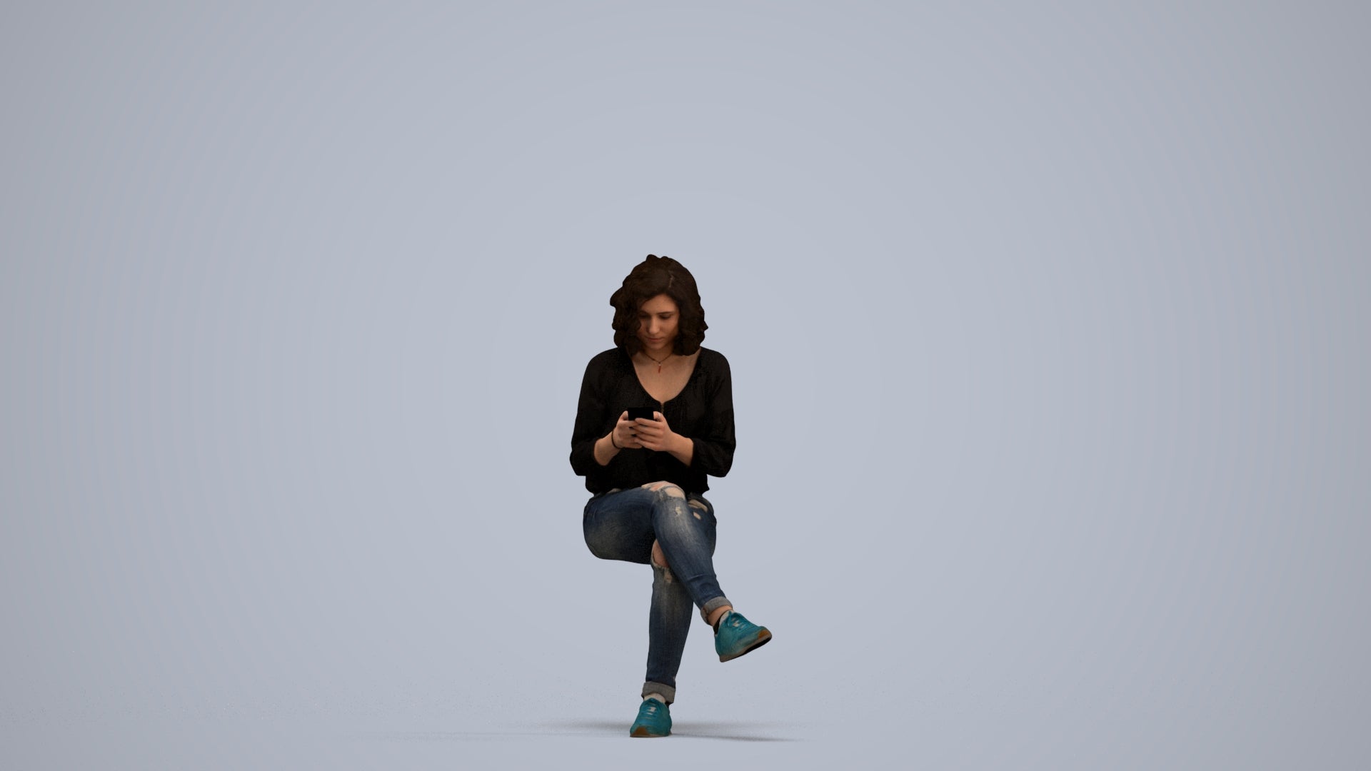 3D human model woman casual sitting, photogrammetry scanned person for archviz, standing pose render