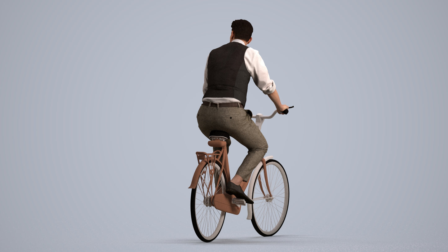 realistic 3D man business cycling, scanned archviz people for Blender and 3ds Max, front view render