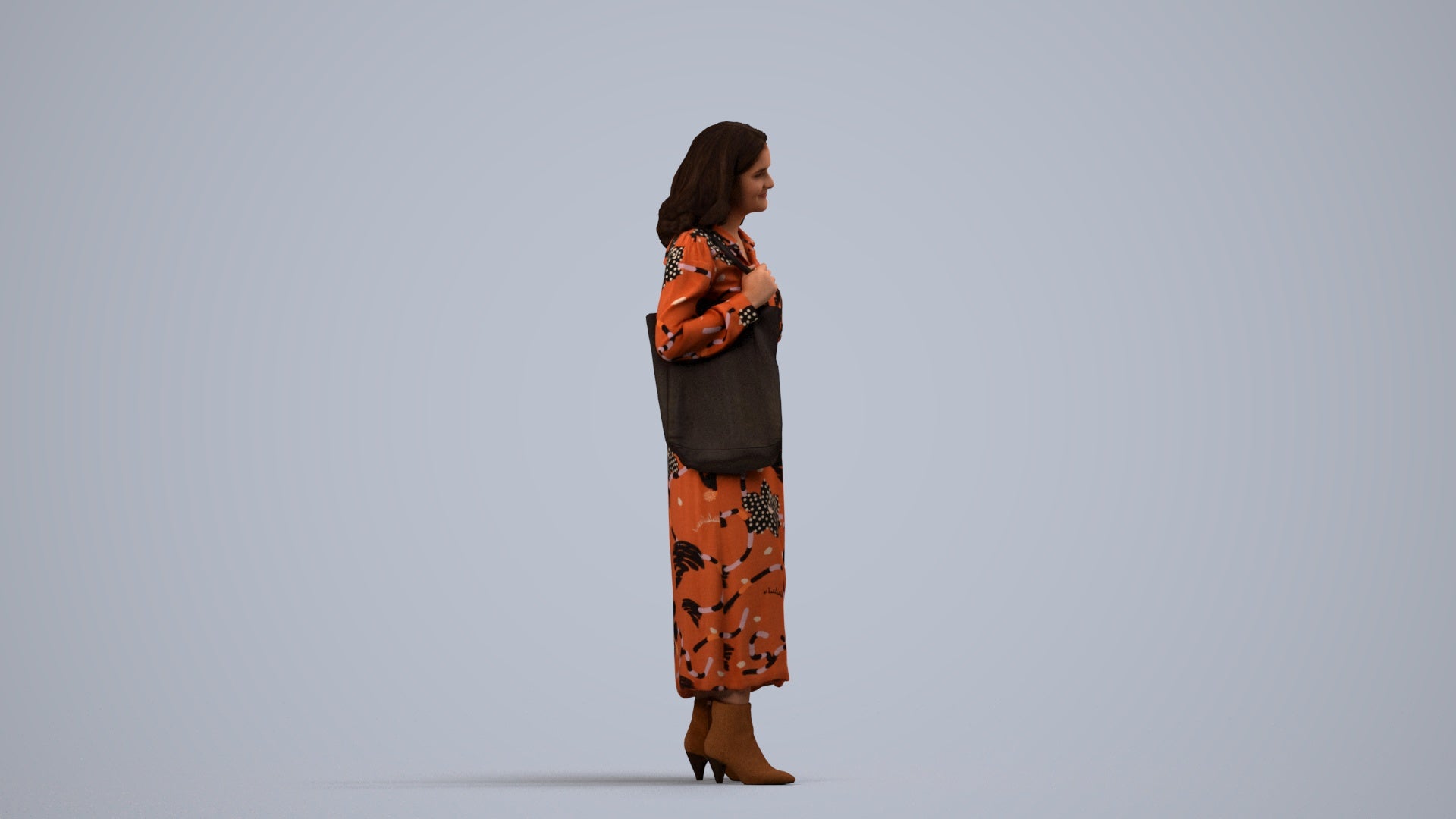 realistic 3D human woman casual standing, archviz people FBX OBJ for Blender, side view render