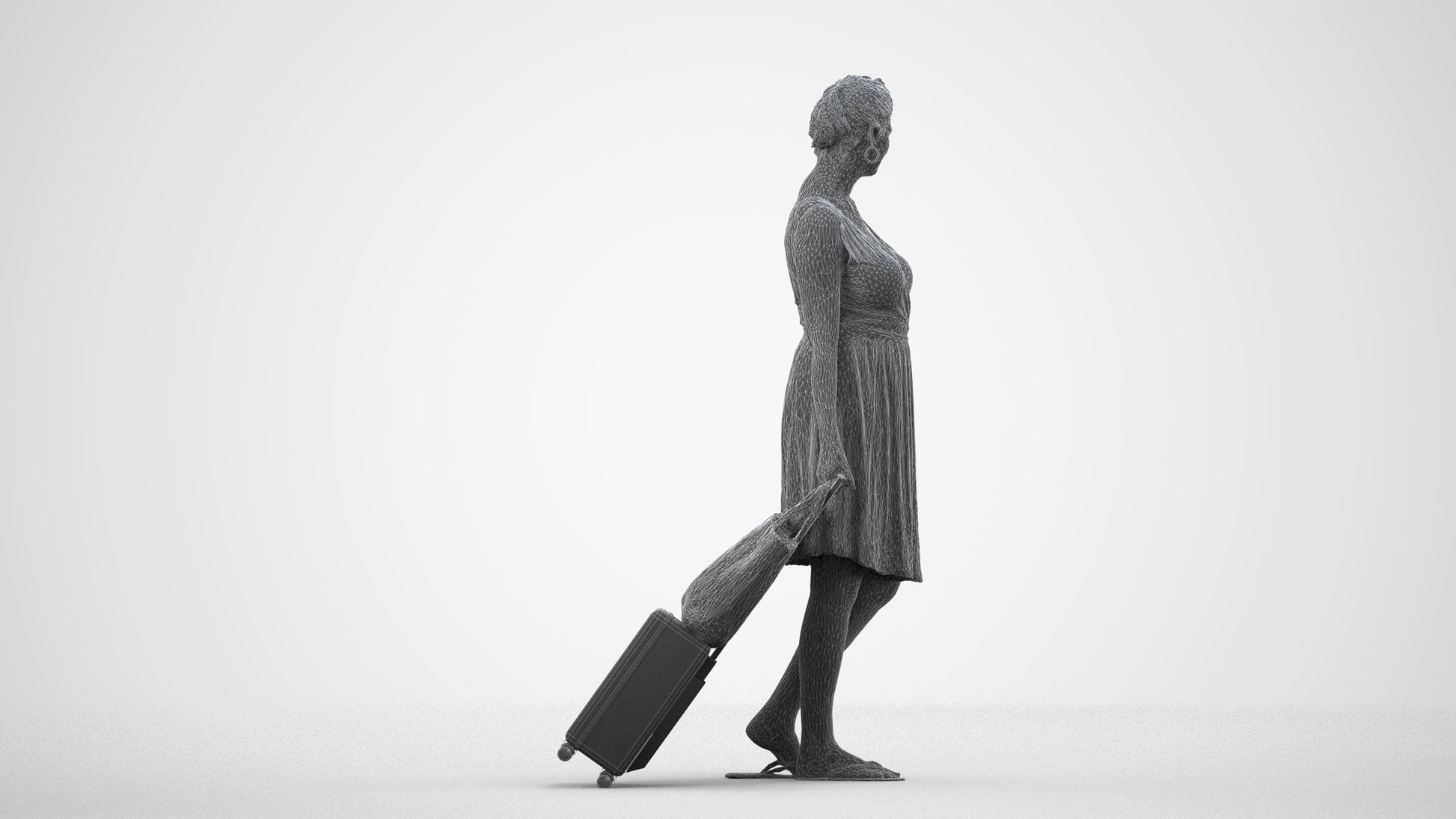 photogrammetry 3D woman casual walking, realistic human model archviz FBX, wireframe side view