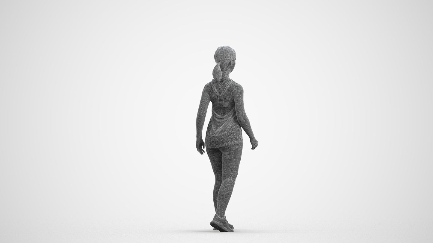 3D scanned girl walking sport, photorealistic archviz people for Enscape and SketchUp, wireframe front view