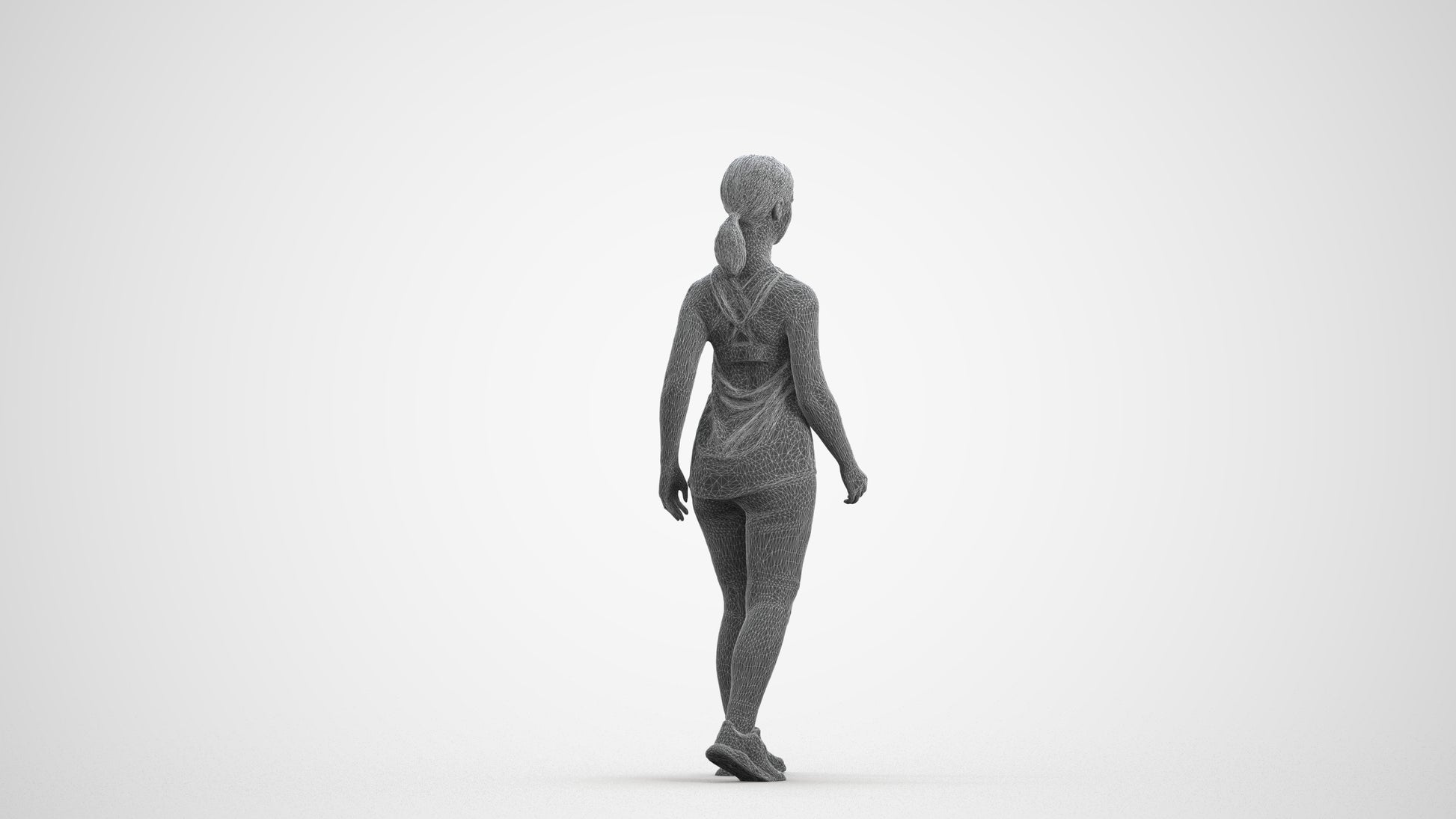 3D scanned girl walking sport, photorealistic archviz people for Enscape and SketchUp, wireframe front view