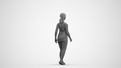 3D scanned girl walking sport, photorealistic archviz people for Enscape and SketchUp, wireframe front view