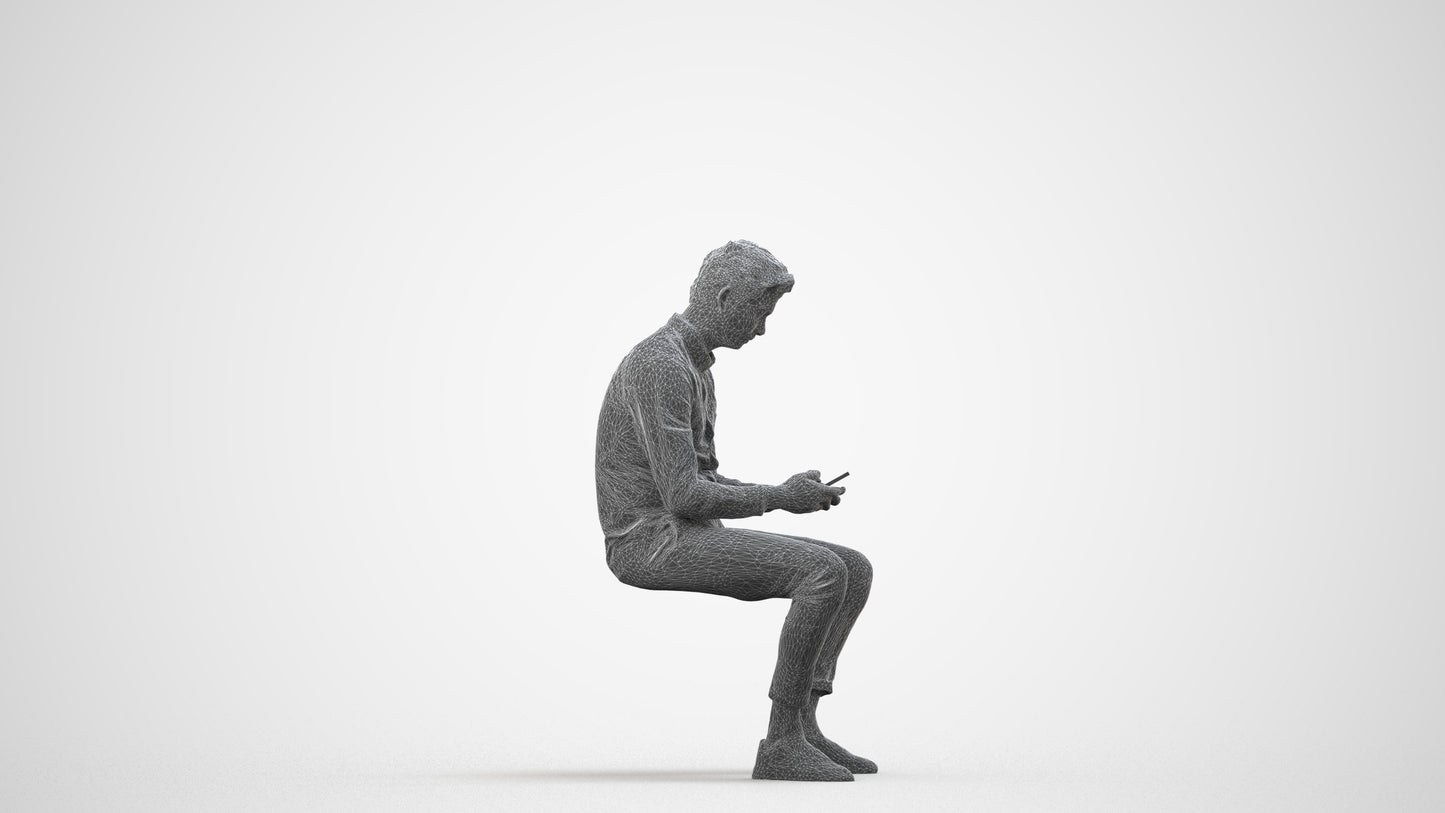 photogrammetry 3D man casual sitting, realistic human model archviz FBX, wireframe side view