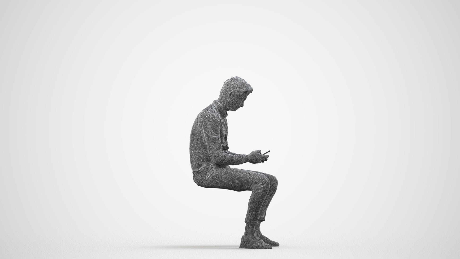 photogrammetry 3D man casual sitting, realistic human model archviz FBX, wireframe side view