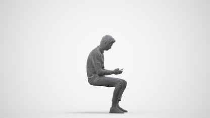 photogrammetry 3D man casual sitting, realistic human model archviz FBX, wireframe side view