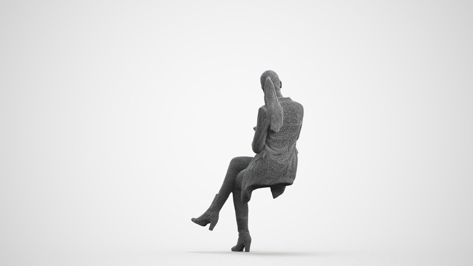 realistic 3D woman business sitting, scanned archviz people for Blender and 3ds Max, wireframe front view