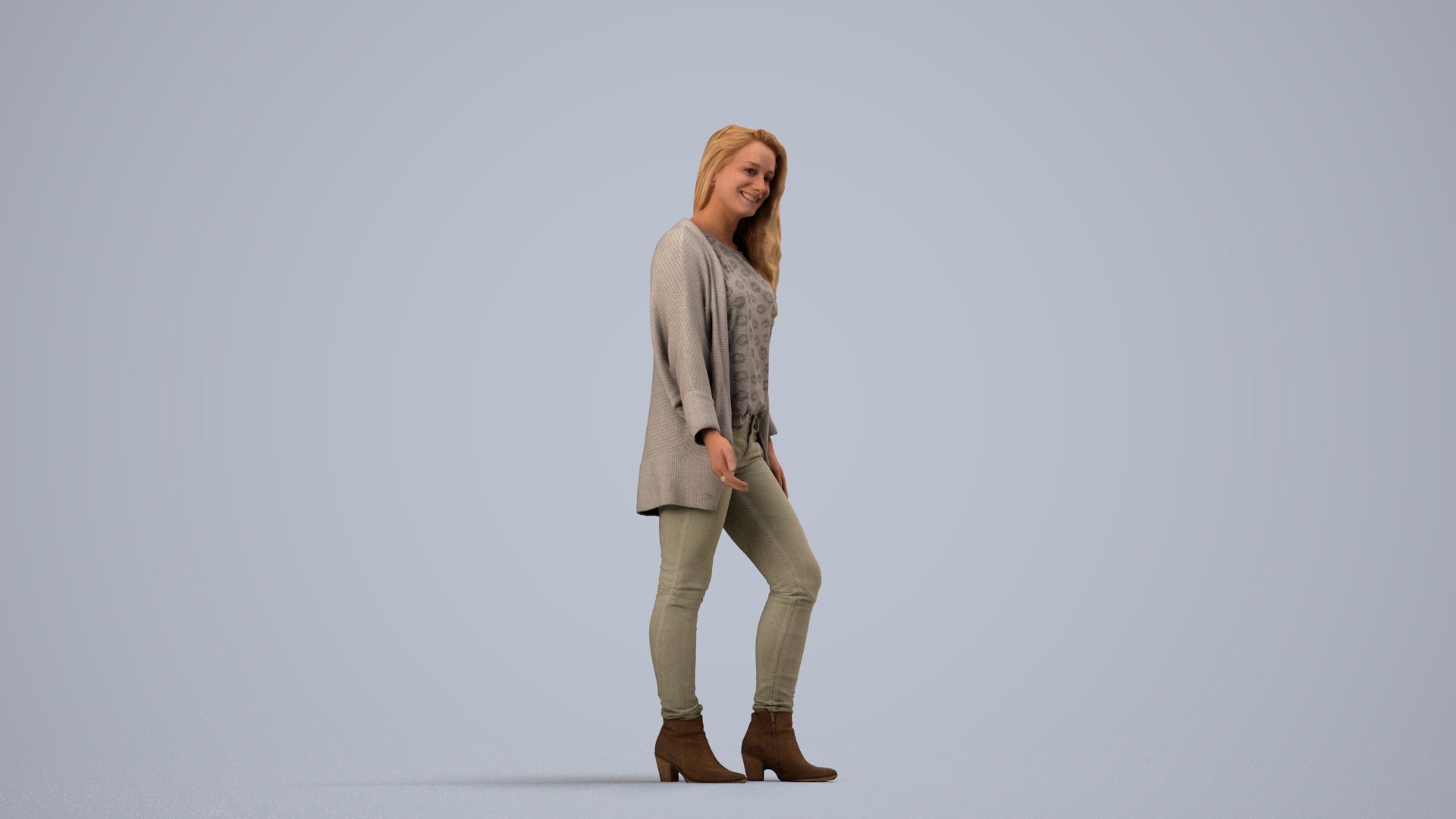 realistic 3D people woman casual standing, render-ready for V-Ray and Corona, FBX OBJ, side view render