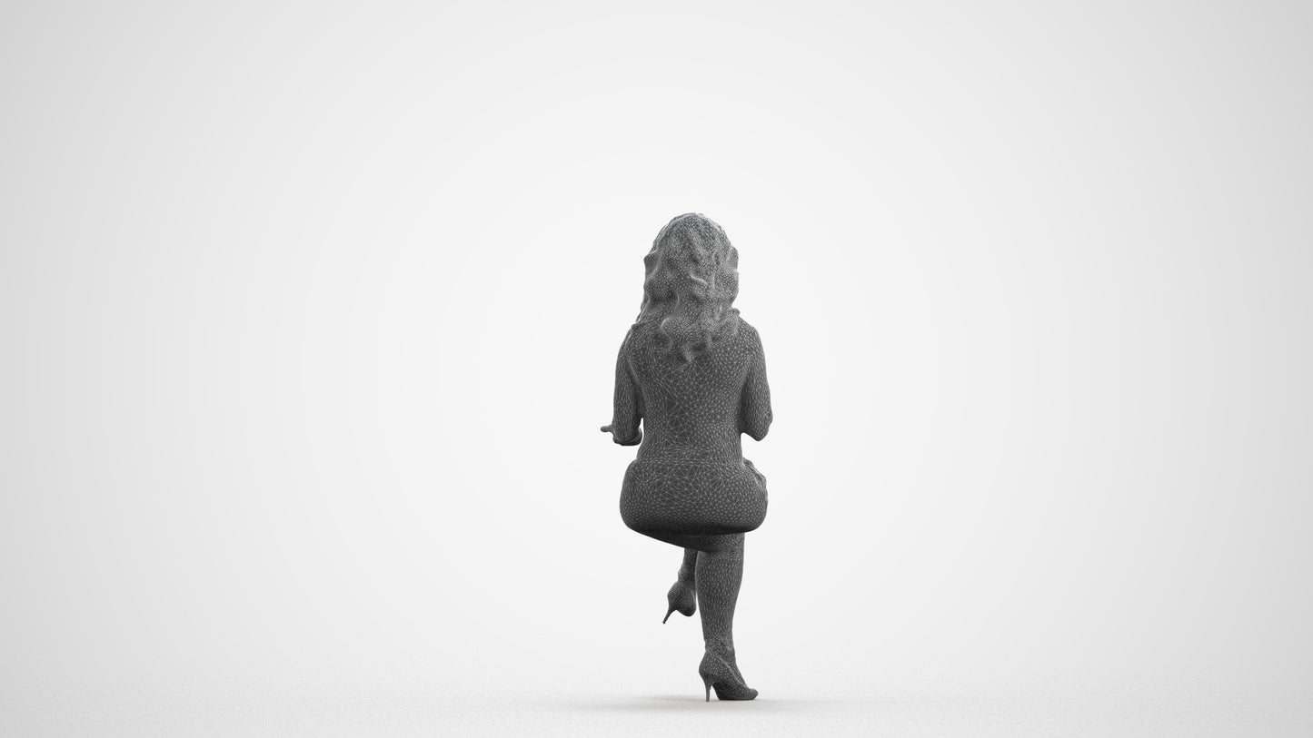 3D human model woman casual sitting, photogrammetry scanned person for archviz, wireframe front view