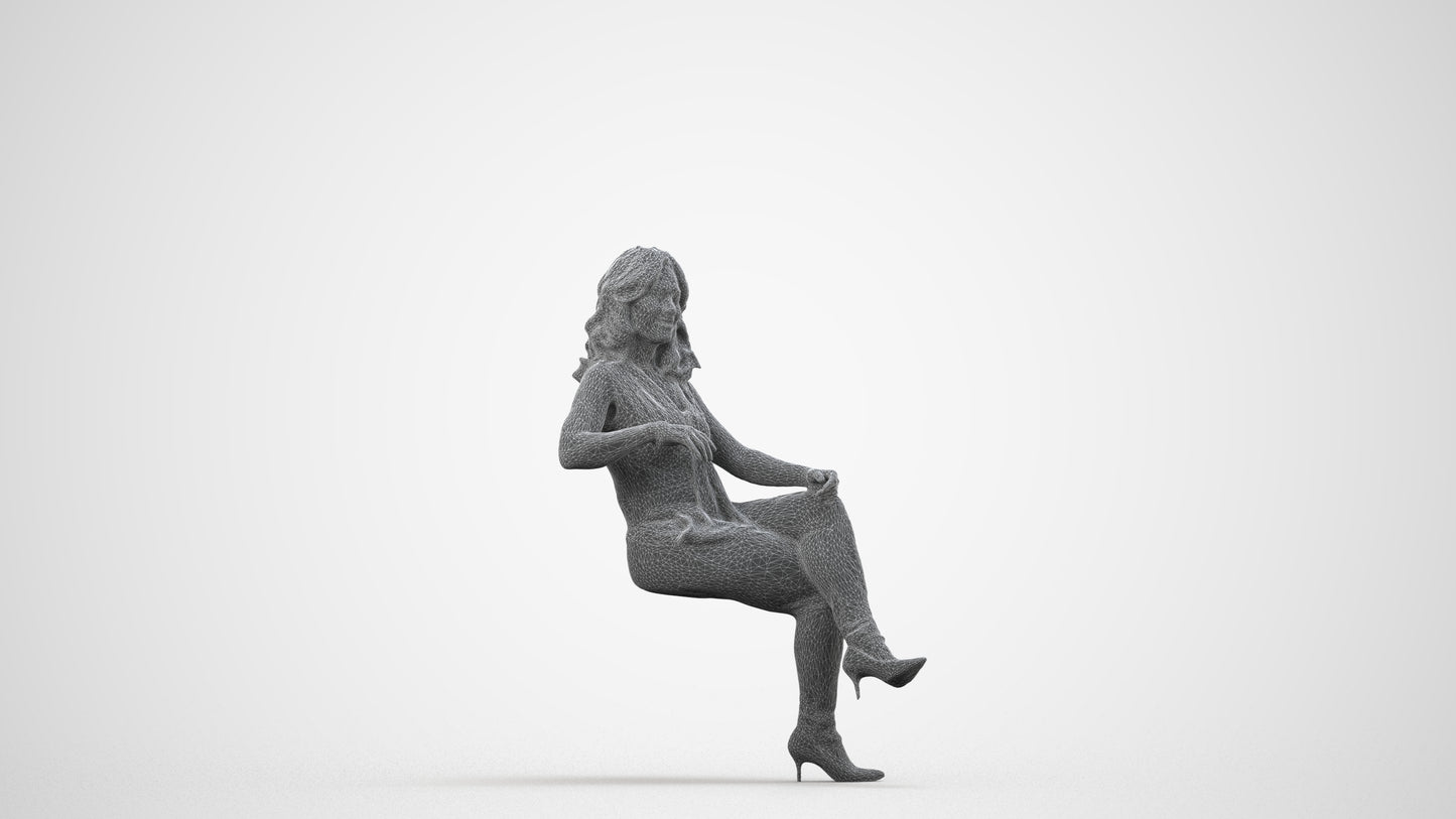 realistic 3D human woman casual sitting, archviz people FBX OBJ for Blender, wireframe side view