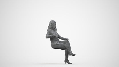 realistic 3D human woman casual sitting, archviz people FBX OBJ for Blender, wireframe side view