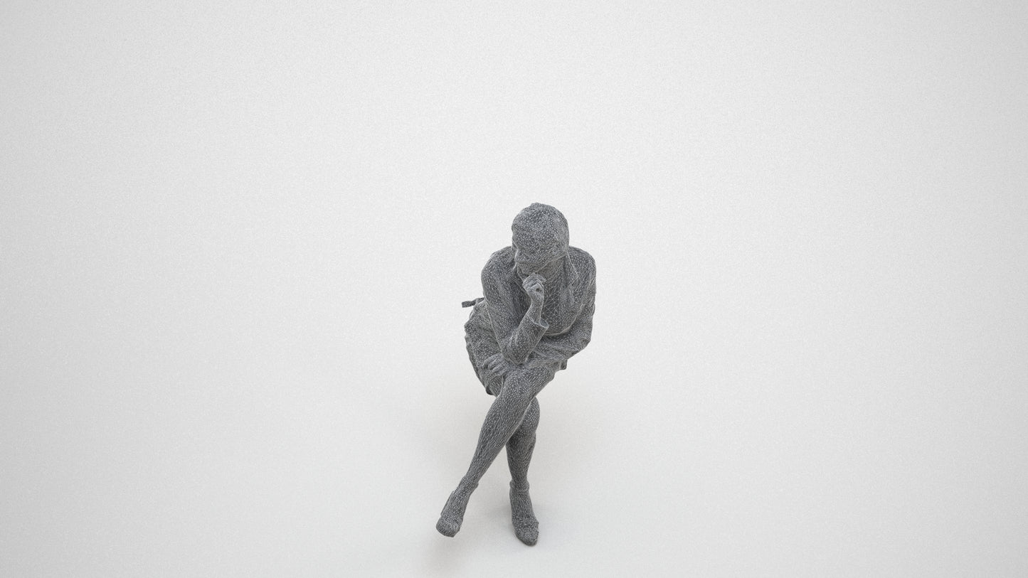 3D scanned woman sitting casual, photorealistic archviz people for Enscape and SketchUp, wireframe three-quarter view