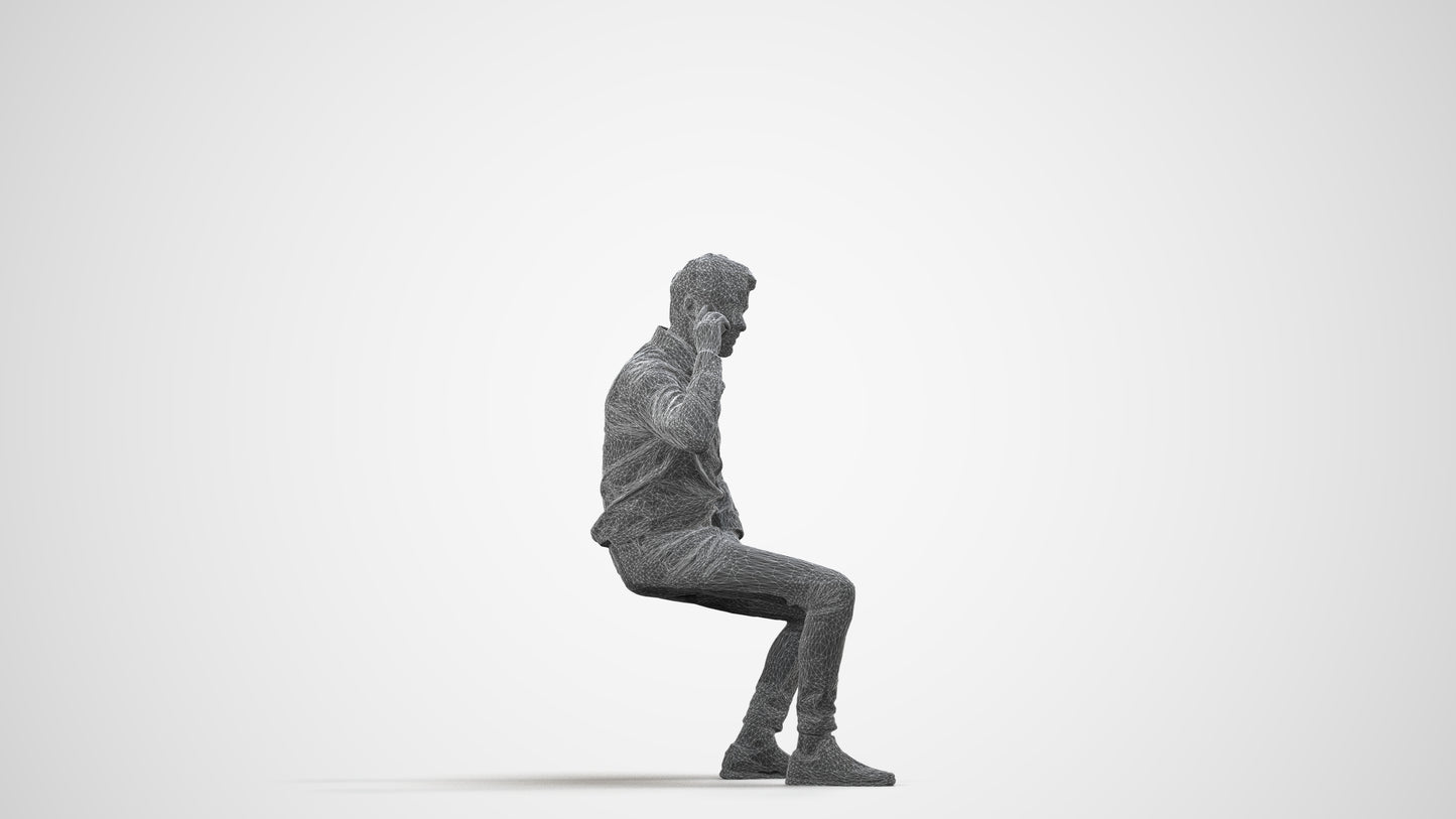 realistic 3D man business sitting, scanned archviz people for Blender and 3ds Max, wireframe side view