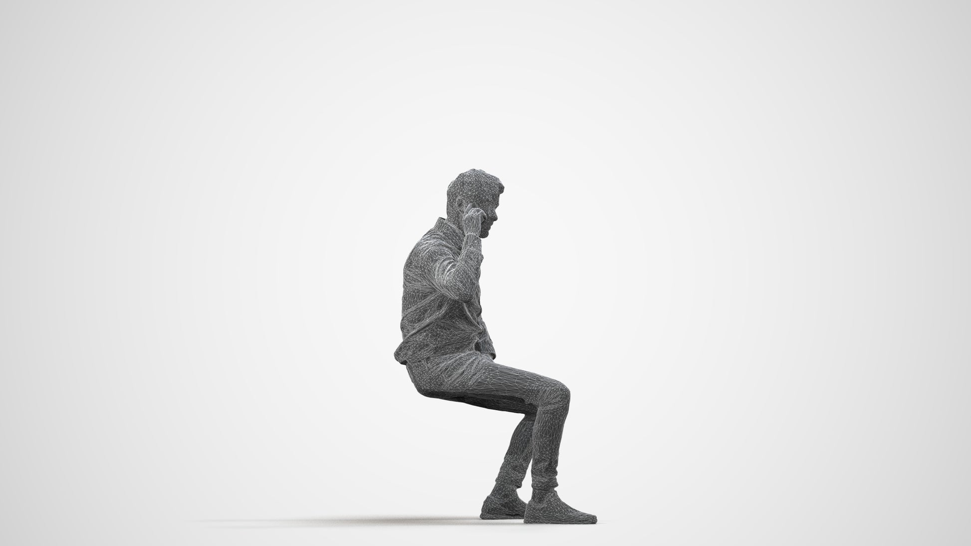realistic 3D man business sitting, scanned archviz people for Blender and 3ds Max, wireframe side view