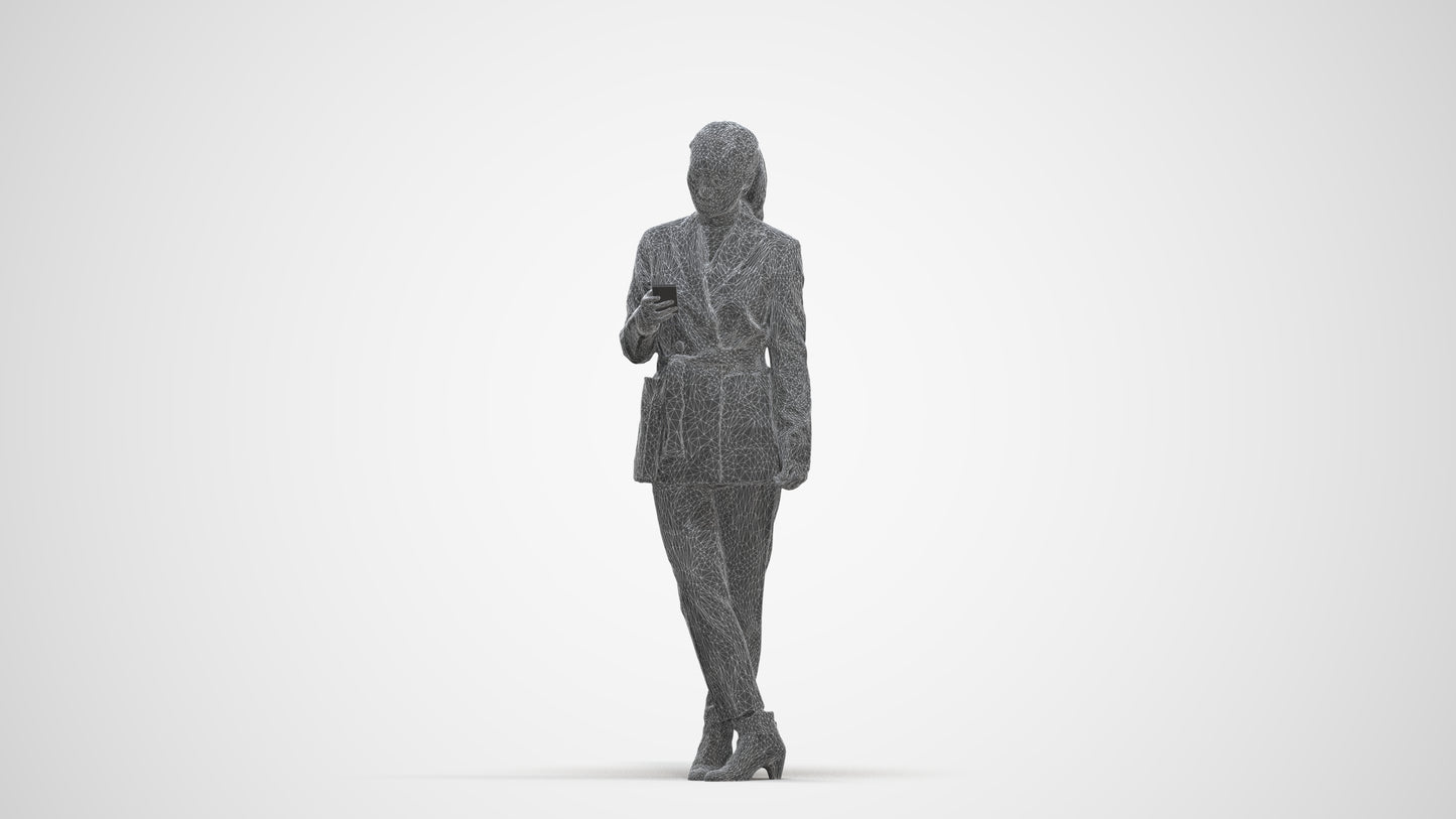 realistic 3D woman business standing, scanned archviz people for Blender and 3ds Max, three-quarter front view render
