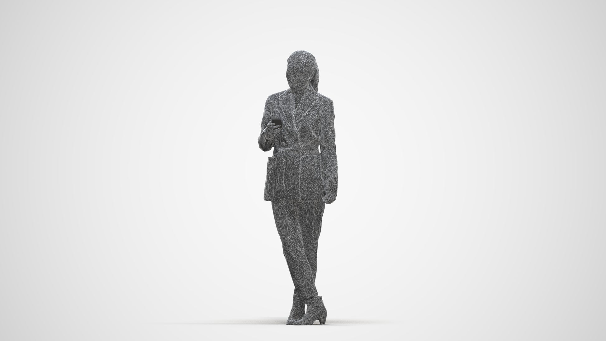 realistic 3D woman business standing, scanned archviz people for Blender and 3ds Max, three-quarter front view render