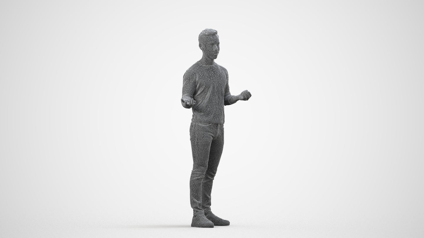 realistic 3D man casual standing, scanned archviz people for Blender and 3ds Max, wireframe side view