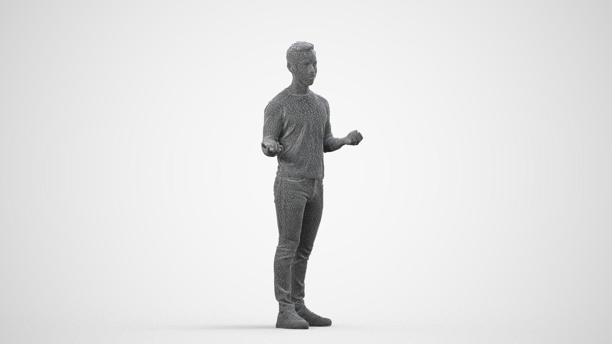 realistic 3D man casual standing, scanned archviz people for Blender and 3ds Max, wireframe side view