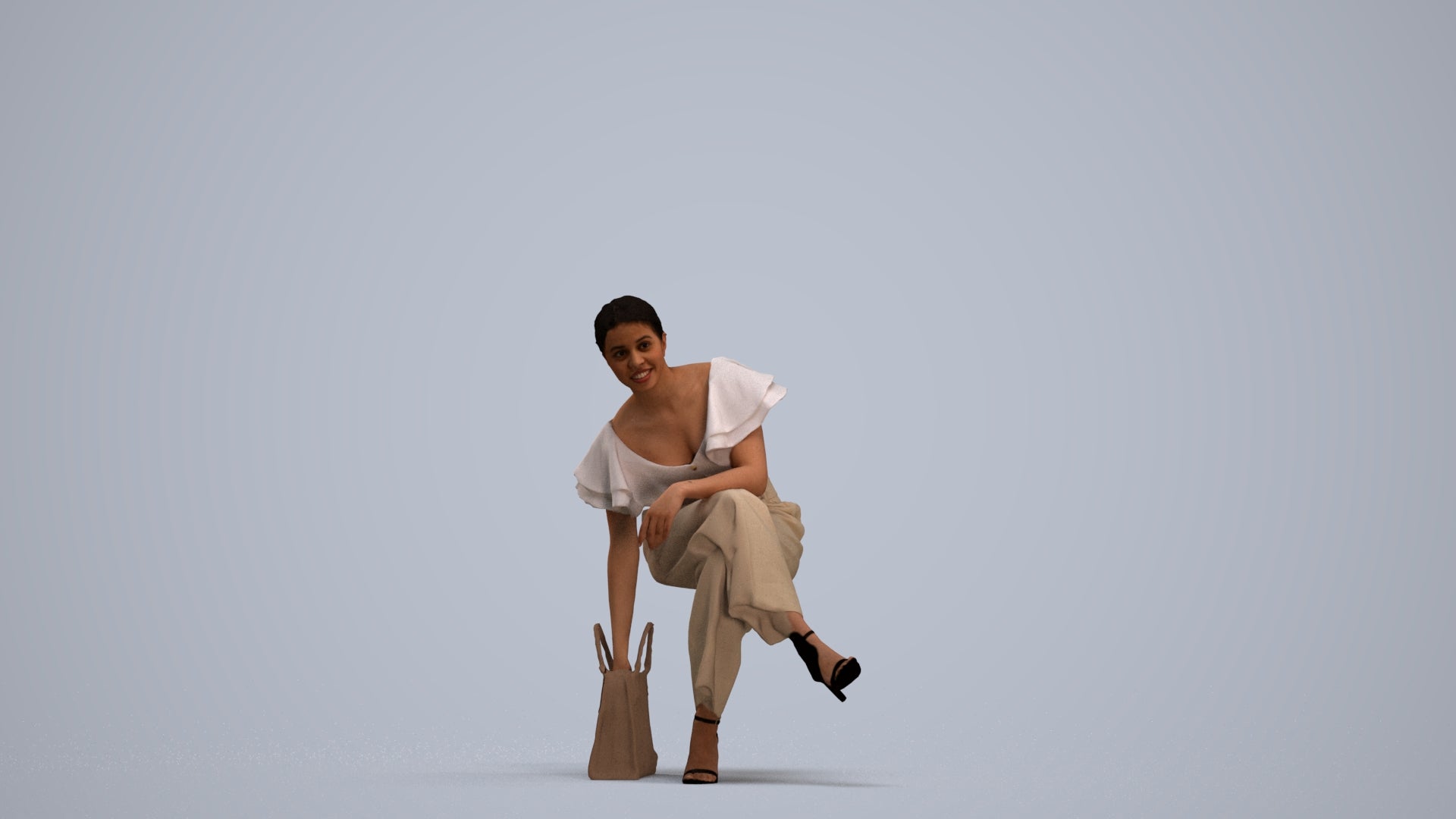 realistic 3D human woman casual sitting, archviz people FBX OBJ for Blender, standing pose render
