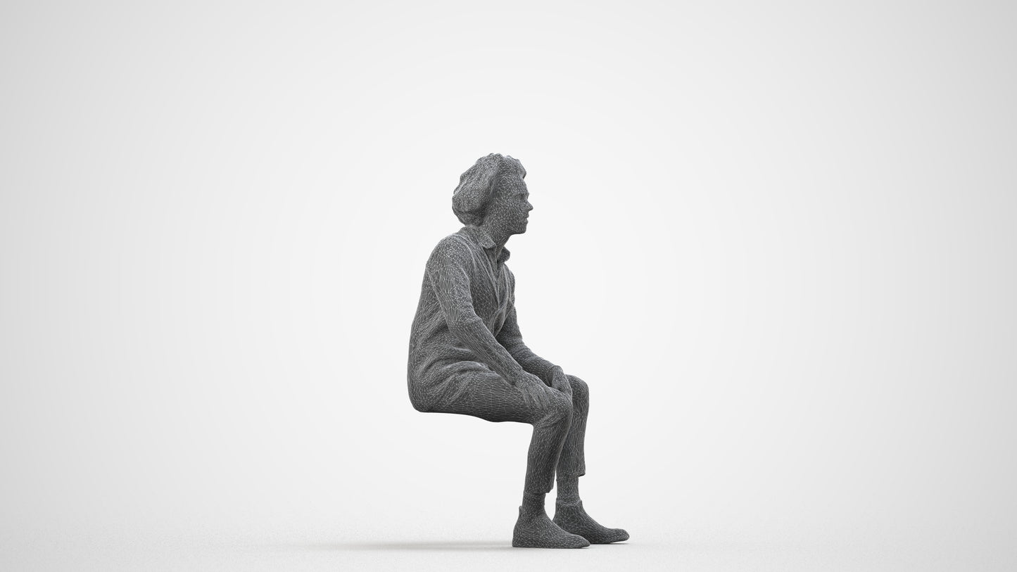 3D human model man business sitting, photogrammetry scanned person for archviz, wireframe side view