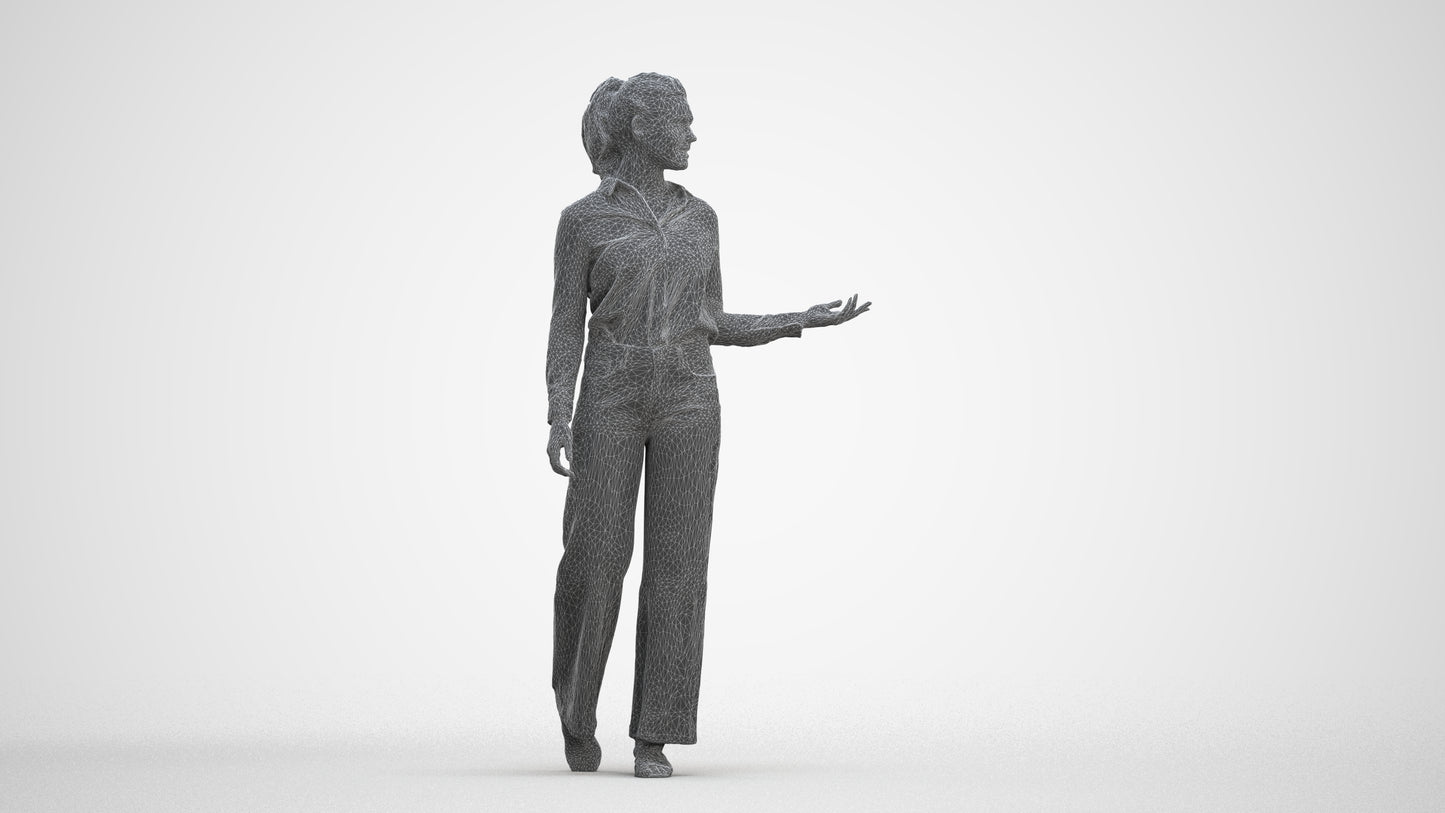 3D scanned woman walking casual, photorealistic archviz people for Enscape and SketchUp, three-quarter front view render