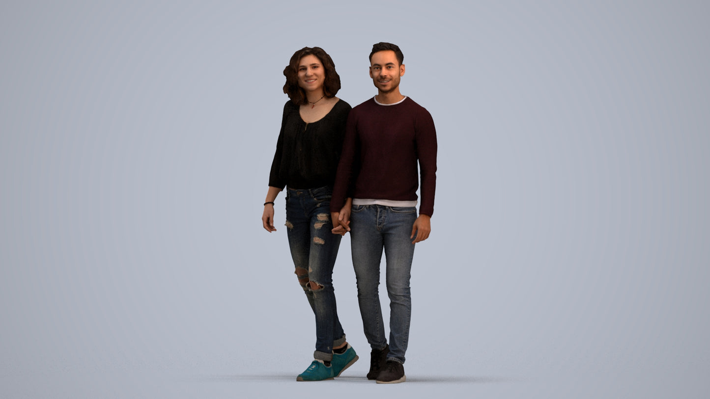realistic 3D woman casual couple, scanned archviz people for Blender and 3ds Max, standing pose render