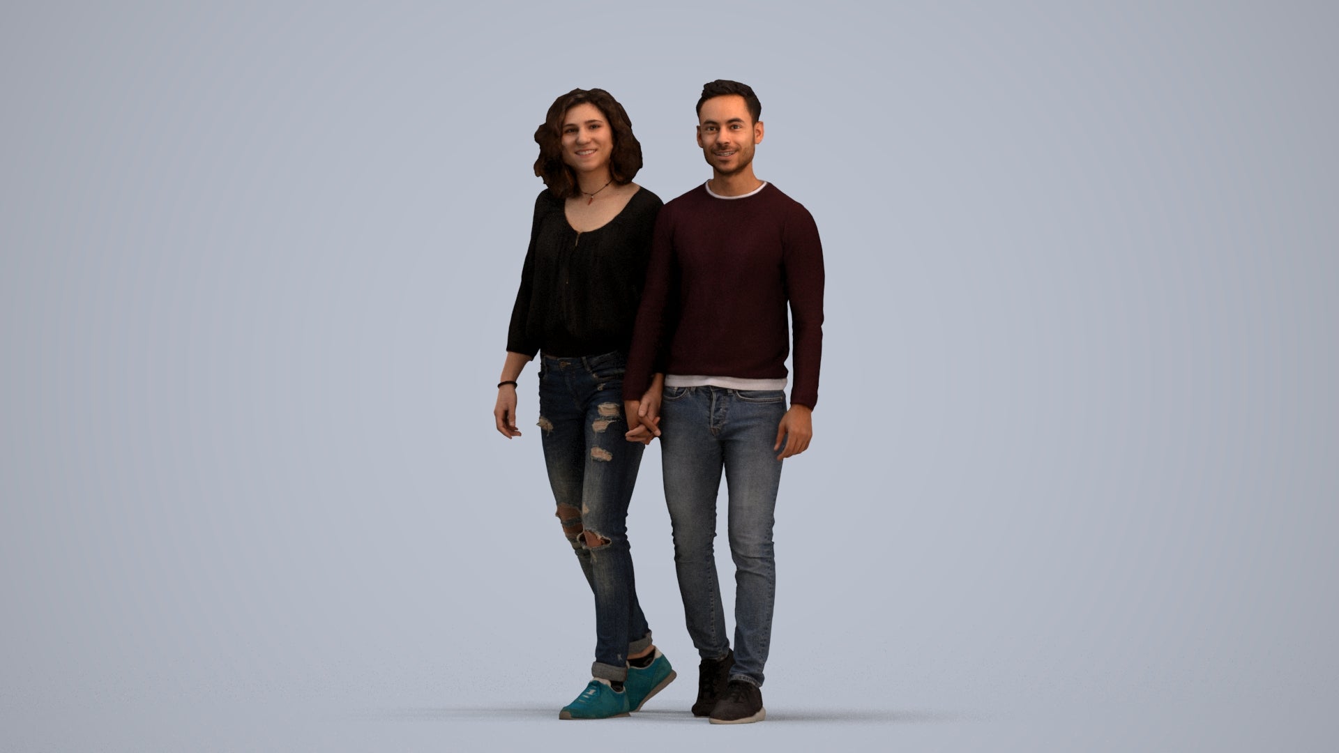 realistic 3D woman casual couple, scanned archviz people for Blender and 3ds Max, standing pose render