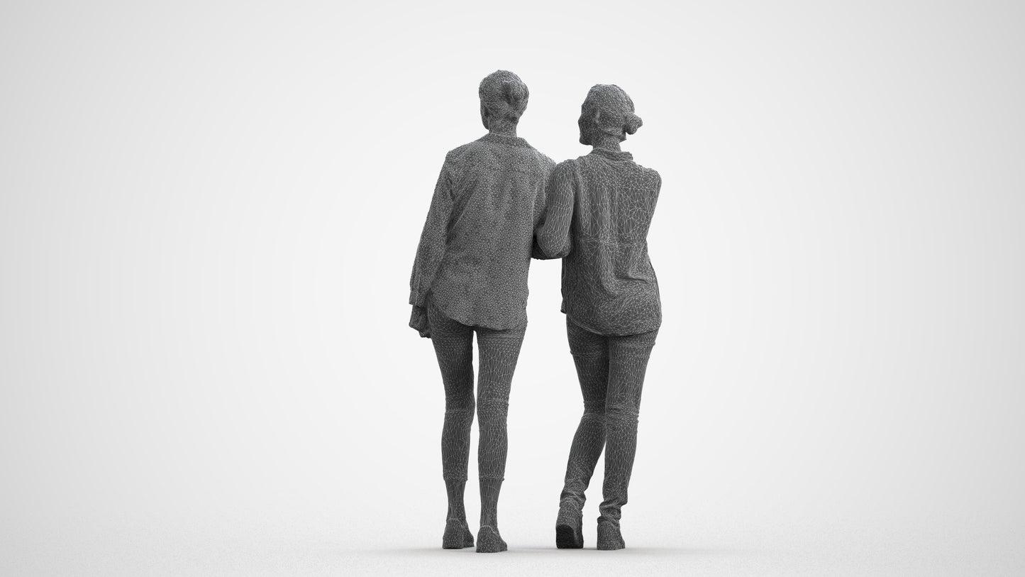 3D human model woman casual couple, photogrammetry scanned person for archviz, wireframe front view