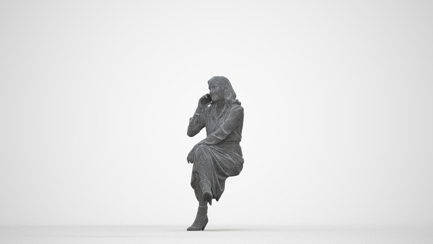 3D scanned woman sitting casual, photorealistic archviz people for Enscape and SketchUp, wireframe back view
