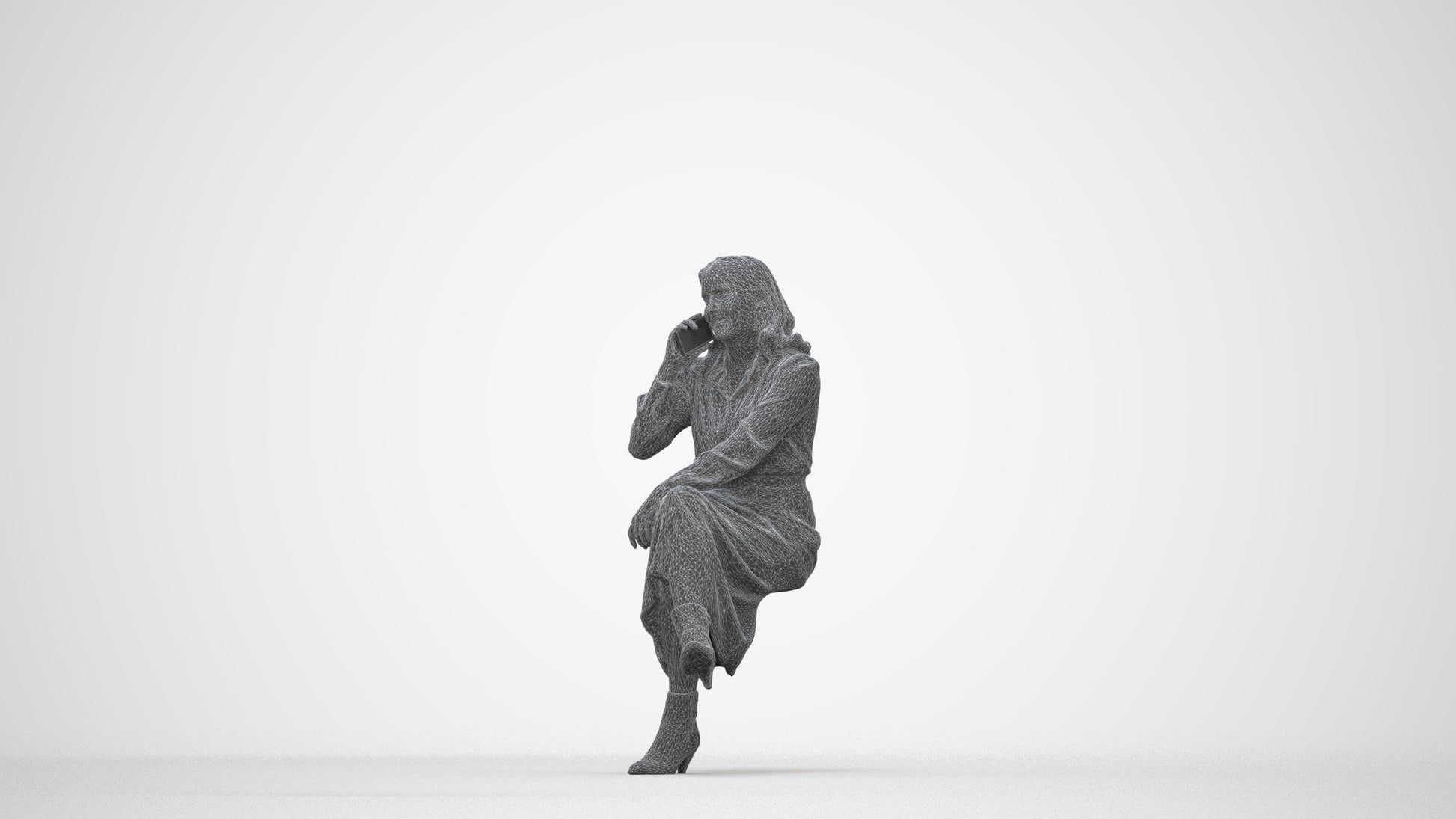 3D scanned woman sitting casual, photorealistic archviz people for Enscape and SketchUp, wireframe back view