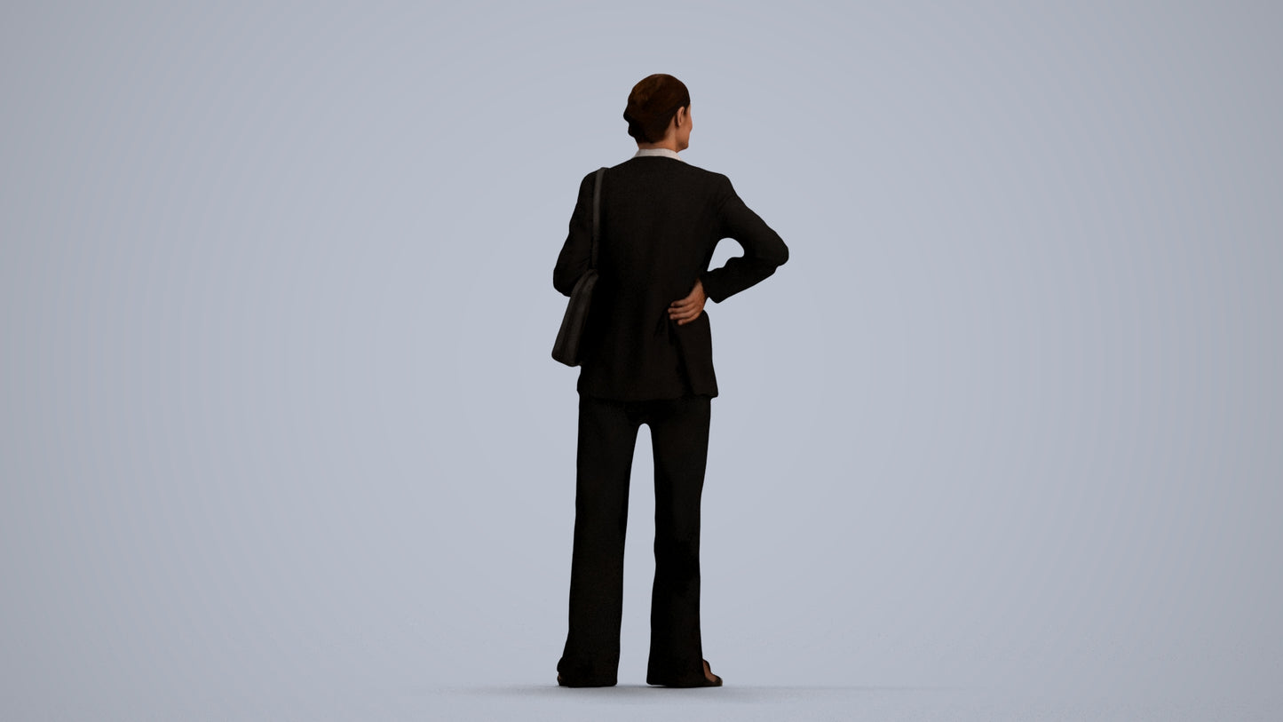 3D human model senior woman business, photogrammetry scanned person for archviz, front view render