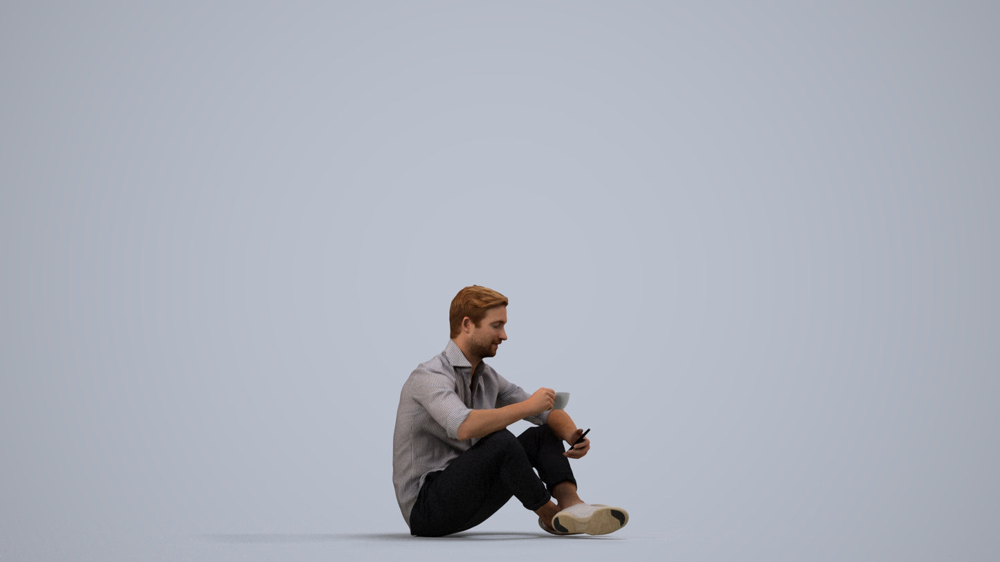3D scanned man sitting casual, photorealistic archviz people for Enscape and SketchUp, side view render