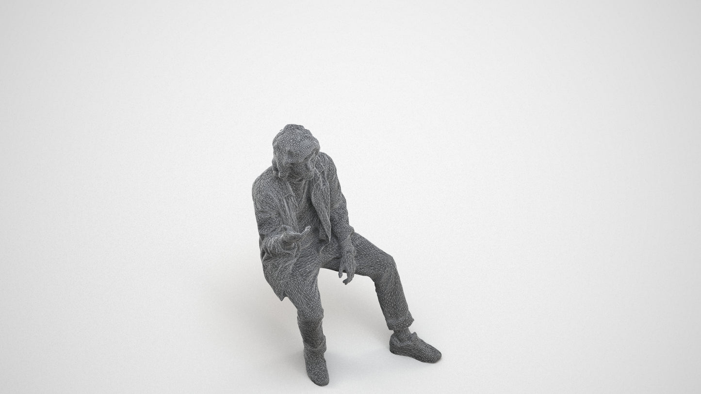 realistic 3D man casual sitting, scanned archviz people for Blender and 3ds Max, wireframe three-quarter view