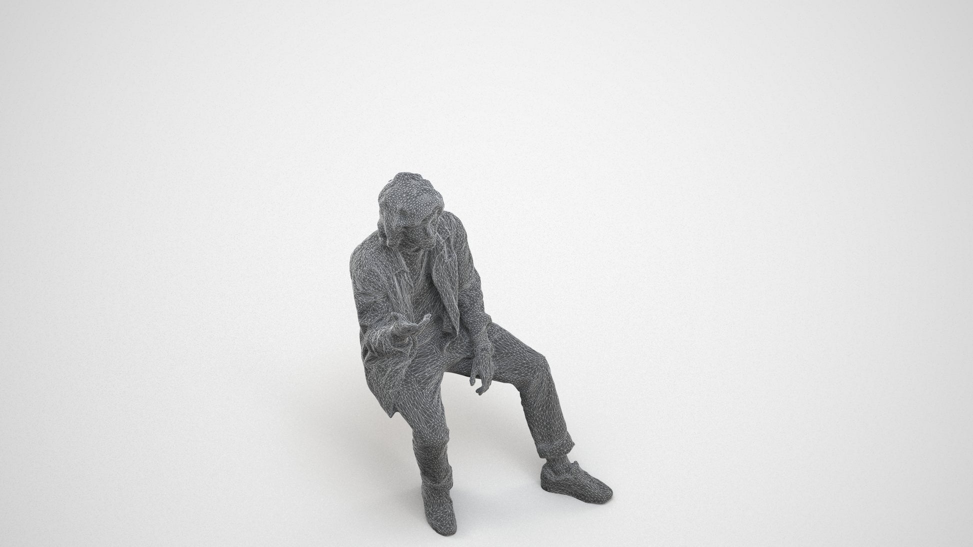 realistic 3D man casual sitting, scanned archviz people for Blender and 3ds Max, wireframe three-quarter view